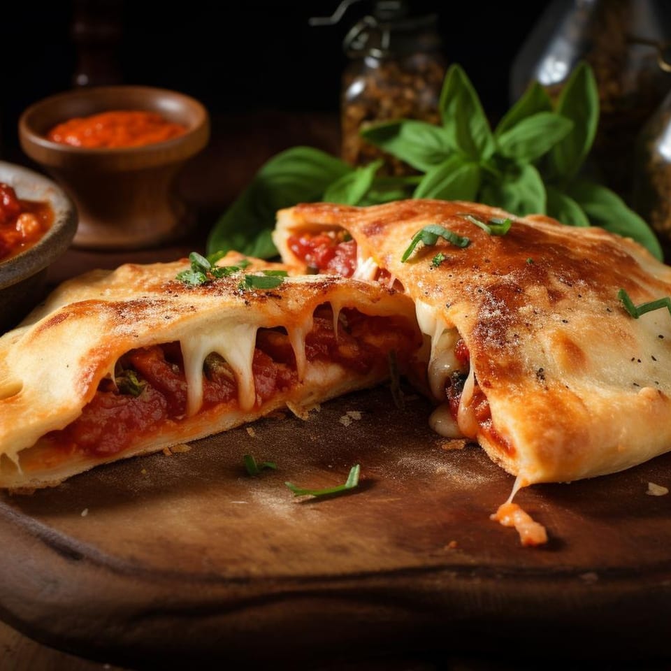 Two halves of a Rosella's Pizzeria calzone, filled with melted cheese and tomato sauce, on a wooden board.