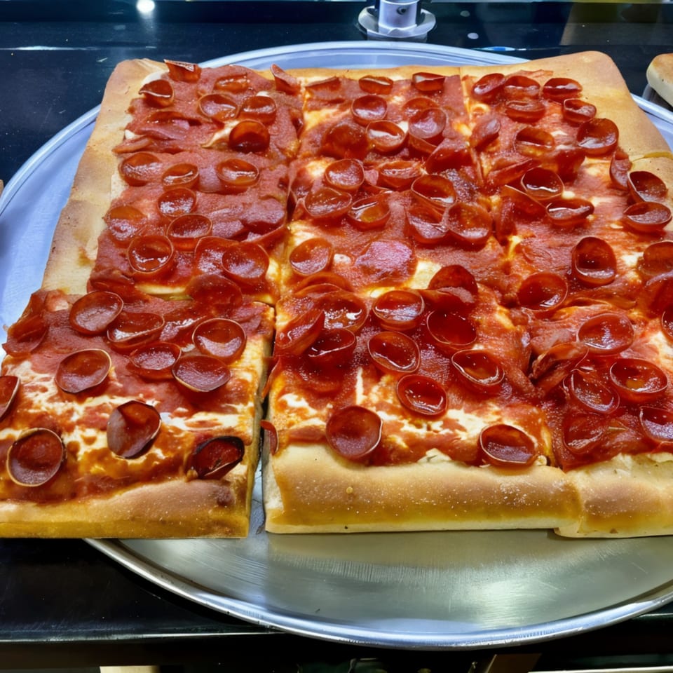 A large rectangular Rosella's Pizzeria pepperoni pizza, cut into squares, sits on a metal tray.