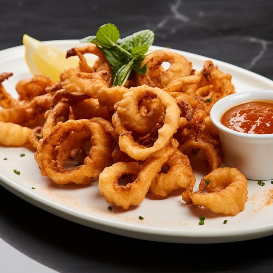 Crispy fried calamari rings with a lemon wedge, mint garnish, and a side of red dipping sauce.