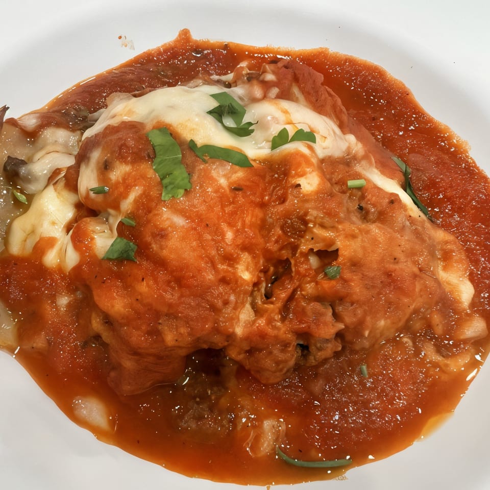 Close-up of a Rosella's Pizzeria lasagna dish, topped with melted cheese, rich red sauce, and fresh herbs.