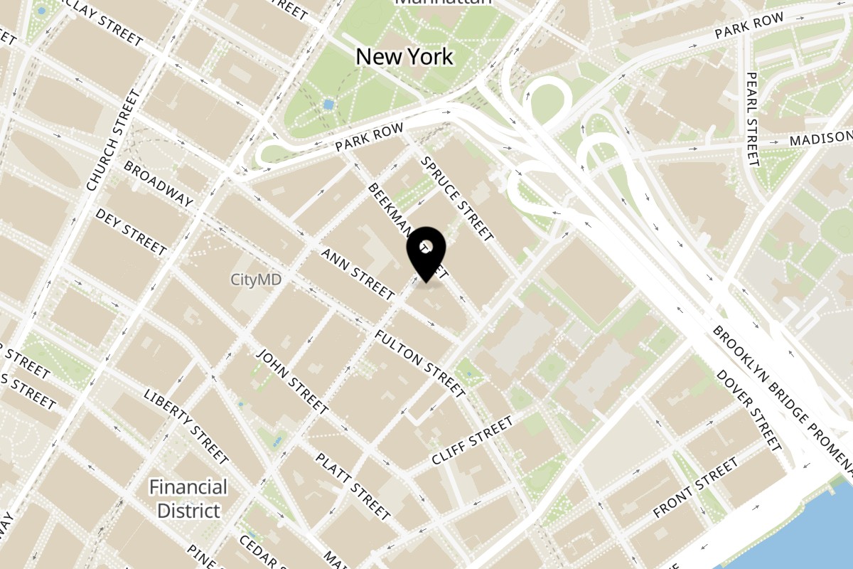 Map showing the location of Rosella's Pizzeria on 164 William St in New York